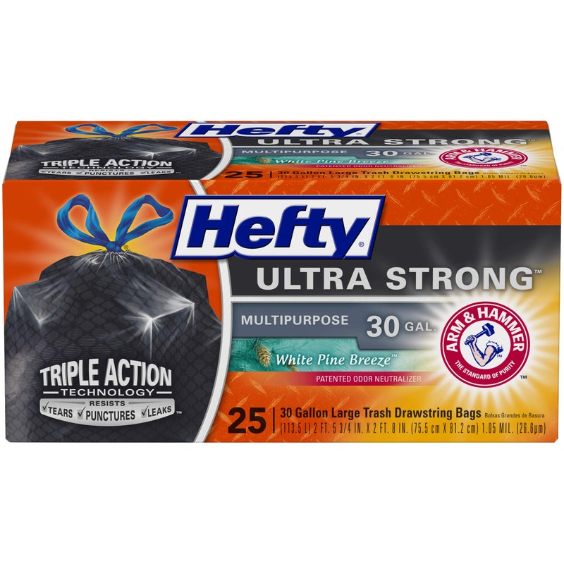 Hefty Ultra Strong Multipurpose Large Trash Bags, Black, White Pine Breeze Scent, 30 Gallon, 25 Count - Image 1